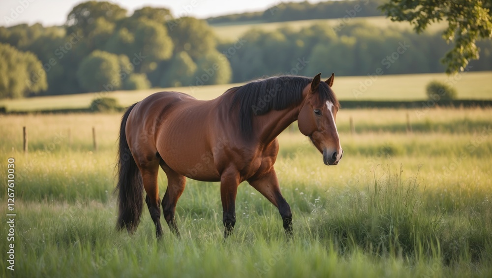 Majestic horse grazing in a lush summer pasture with vibrant grass and serene countryside backdrop. Perfect for nature and equine themes. Majestic horse grazing in a lush summer pasture with vibrant grass and serene countryside backdrop. Perfect for nature and equine themes.