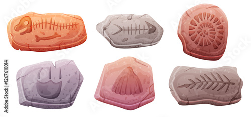 Set of stones with old dinosaur fossil skull, bones and foot