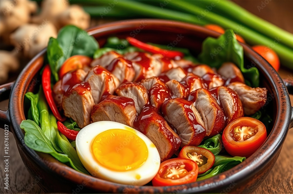 Rustic Gourmet Bowl of Roasted Duck with Vegetables and Boiled Egg Rustic Gourmet Bowl of Roasted Duck with Vegetables and Boiled Egg