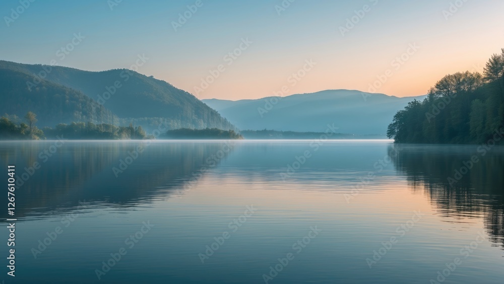 Tranquil Morning Lake Scene with Misty Reflections and Soft Light Ideal for Text Insertion and Nature Promotions Tranquil Morning Lake Scene with Misty Reflections and Soft Light Ideal for Text Insertion and Nature Promotions