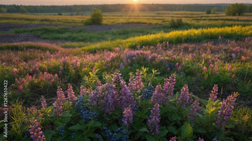 Fototapeta premium Vibrant Spring Meadow Panorama Featuring Blooming Purple Wildflowers and Blueberries Against a Serene Sunset Landscape Scene.