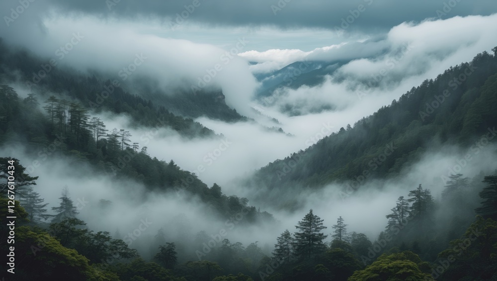 Obraz premium Misty Mountain Forest Landscape with Lush Trees and Enveloping Fog Creating a Serene Atmosphere in the Valley.