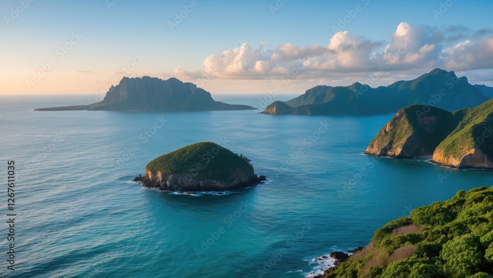 Naklejka premium Serene Coastal Landscape Showcasing Multiple Islands and Tranquil Ocean Waters Under a Cloudy Sky