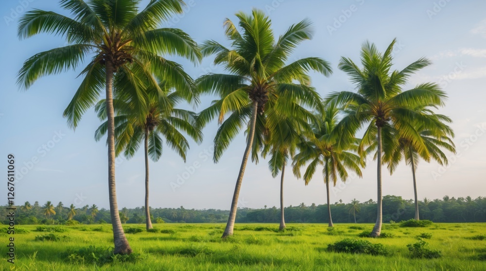 Tropical palm trees in a serene meadow surrounded by lush greenery under a clear sky showcasing nature's tranquility and beauty. Tropical palm trees in a serene meadow surrounded by lush greenery under a clear sky showcasing nature's tranquility and beauty.