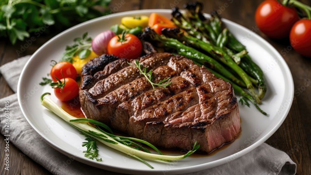 Grilled T-Bone Steak with Colorful Vegetables on a White Plate Gourmet Meal Presentation Grilled T-Bone Steak with Colorful Vegetables on a White Plate Gourmet Meal Presentation