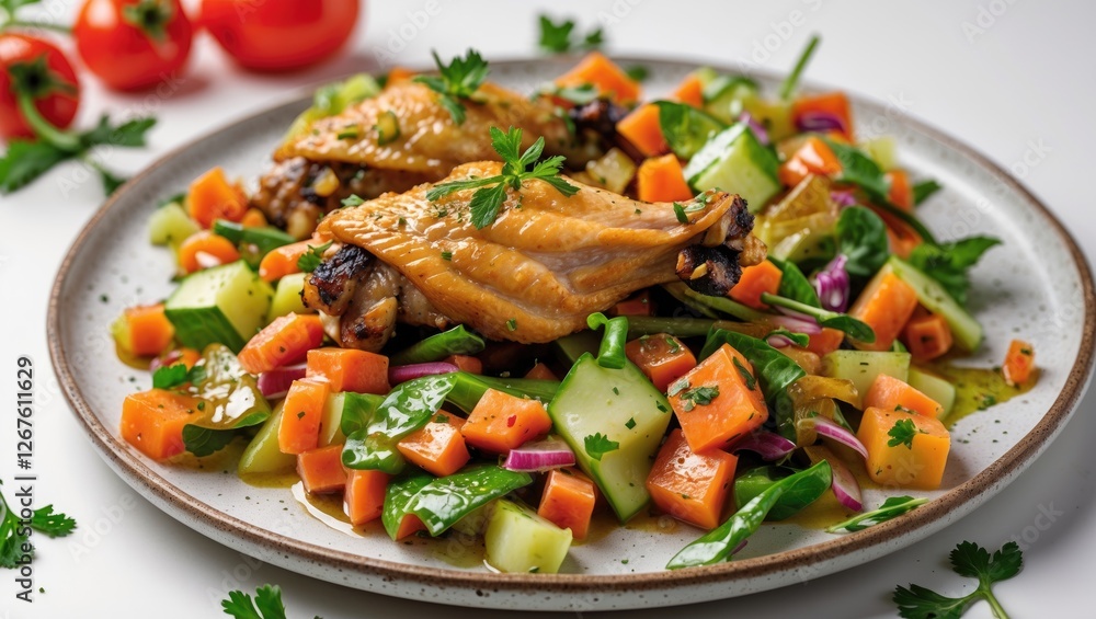 Delicious grilled chicken wings served with a colorful vegetable salad on a plate with fresh herbs and vibrant colors for a tasty presentation. Delicious grilled chicken wings served with a colorful vegetable salad on a plate with fresh herbs and vibrant colors for a tasty presentation.