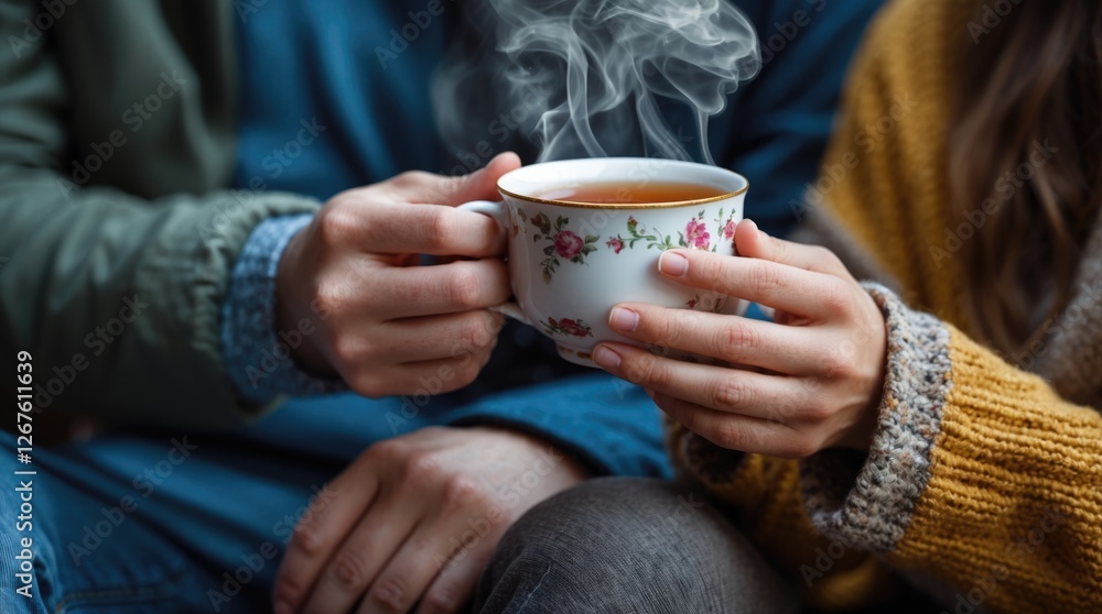 Couple enjoying a warm cup of tea together with steam rising, showcasing intimacy and shared moments in a cozy atmosphere. Couple enjoying a warm cup of tea together with steam rising, showcasing intimacy and shared moments in a cozy atmosphere.