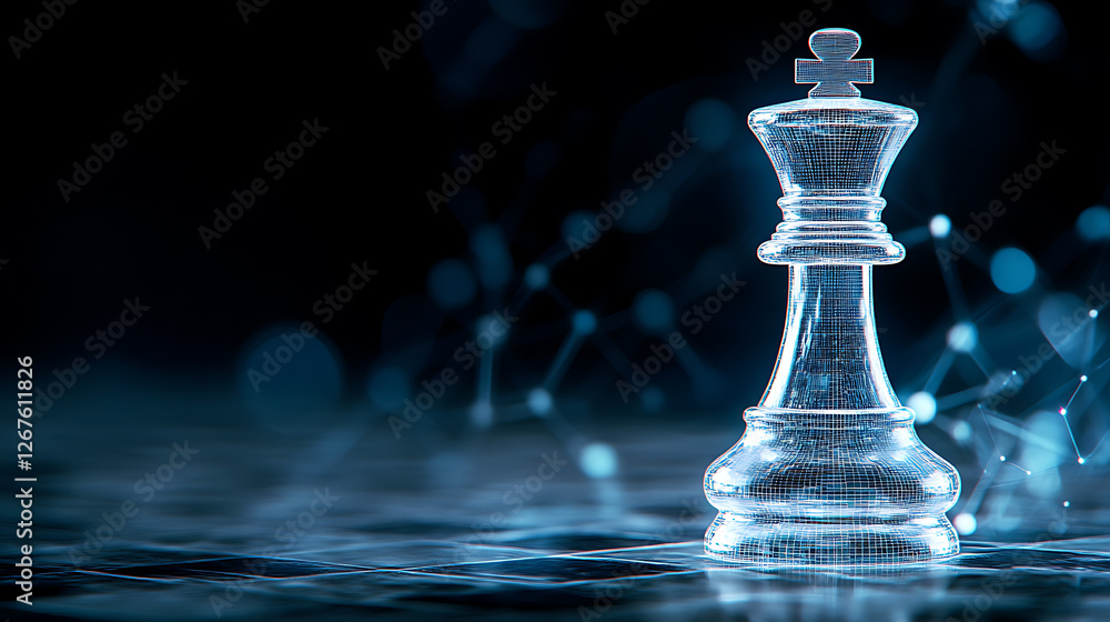 Digital King Piece Ascending on Futuristic Chessboard Representing Strategic Technology Prowess