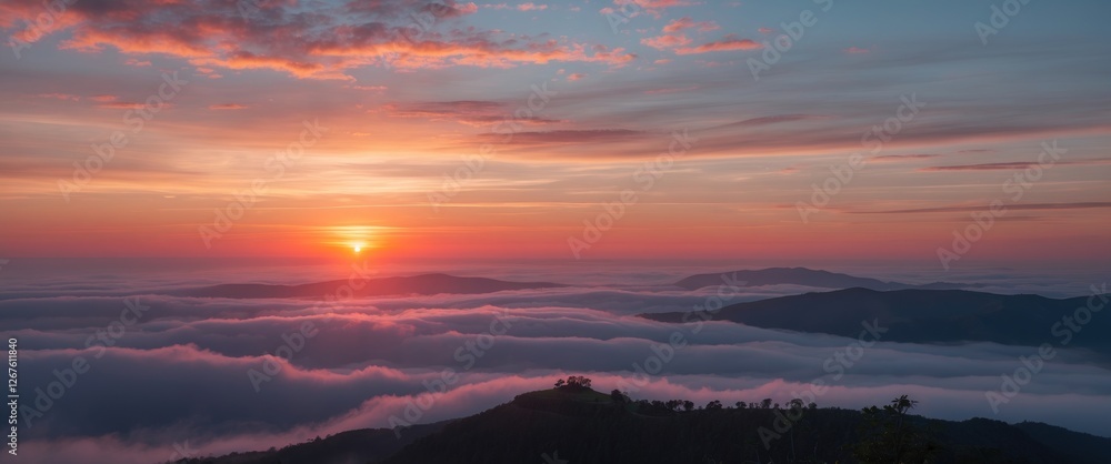 Fototapeta premium Serene Sunset Over Misty Mountains Illuminated by Warm Colors of Twilight