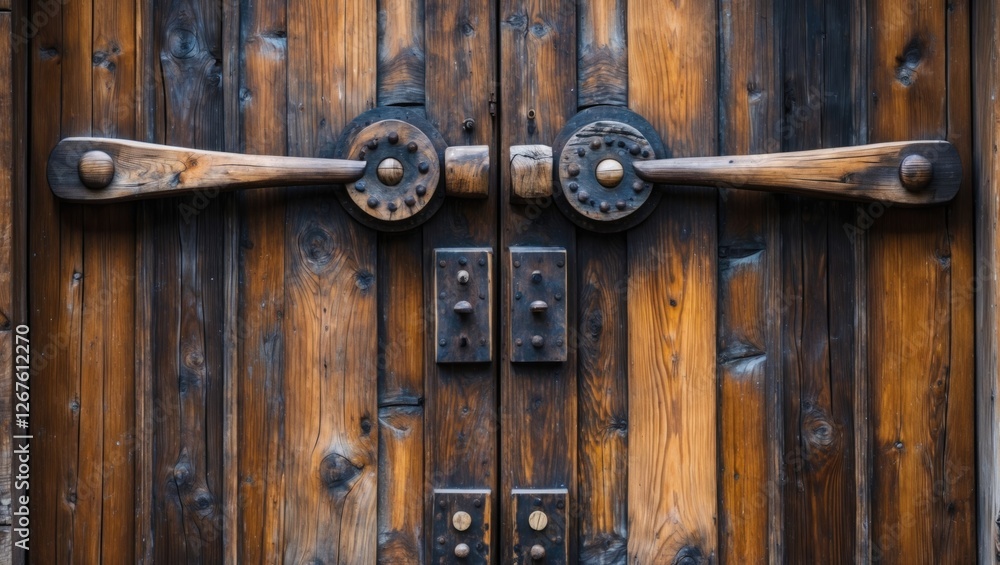 Fototapeta premium Intricately designed large wooden door featuring decorative wooden bolts and rustic accents for architectural and design inspiration.