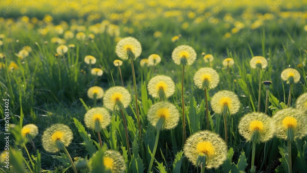 Obraz premium Fluffy Dandelion Seeds Blooming In Sunlit Green Meadow During Spring Season
