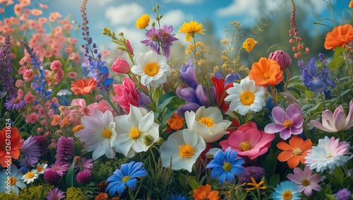 Vibrant Floral Landscape with Diverse Blooms and Clear Space for Custom Text or Messaging