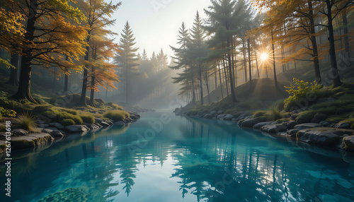 A clear, river on the edge of a pine forest and several canoes docked.