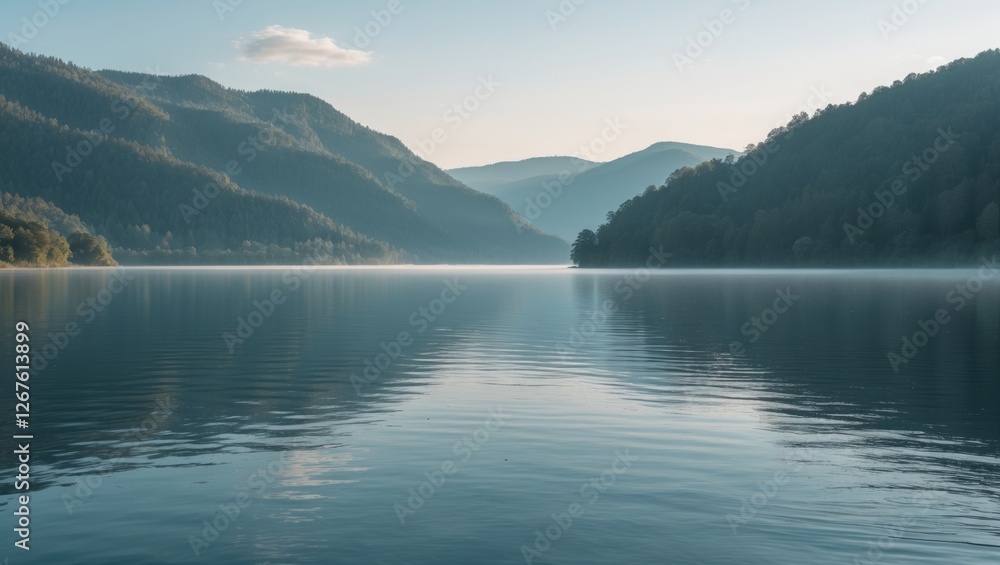 Tranquil Morning Landscape Over Serene Lake With Reflective Water Surrounded By Mountains And Soft Morning Light Tranquil Morning Landscape Over Serene Lake With Reflective Water Surrounded By Mountains And Soft Morning Light