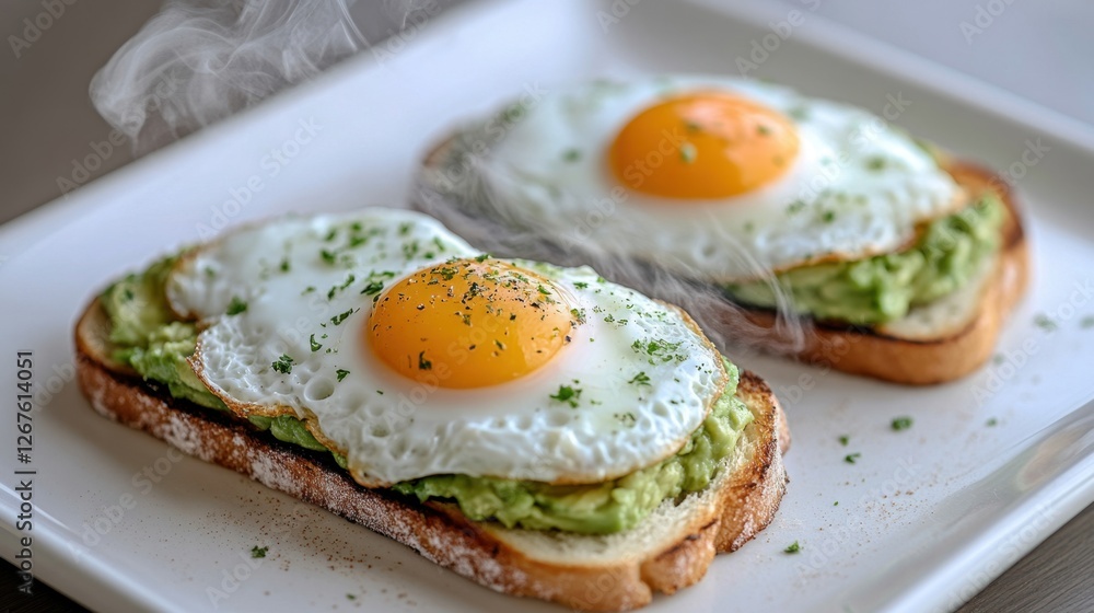 Minimalist hotel breakfast with perfectly plated avocado toast, sunny-side-up eggs, and a steaming espresso. Minimalist hotel breakfast with perfectly plated avocado toast, sunny-side-up eggs, and a steaming espresso.