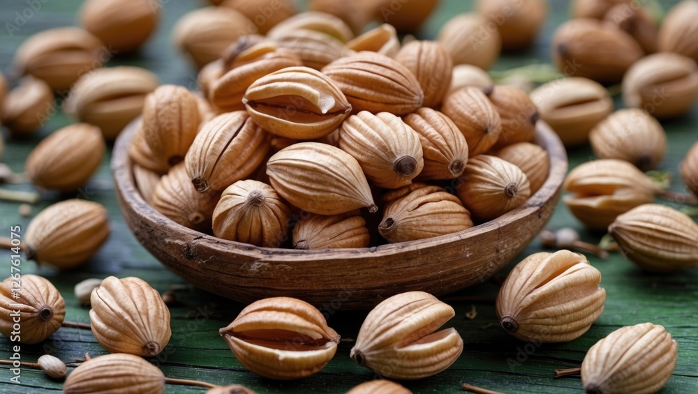 natural wooden bowl filled with loose hulled pine nuts surrounded by scattered seeds on a rustic wooden surface natural wooden bowl filled with loose hulled pine nuts surrounded by scattered seeds on a rustic wooden surface