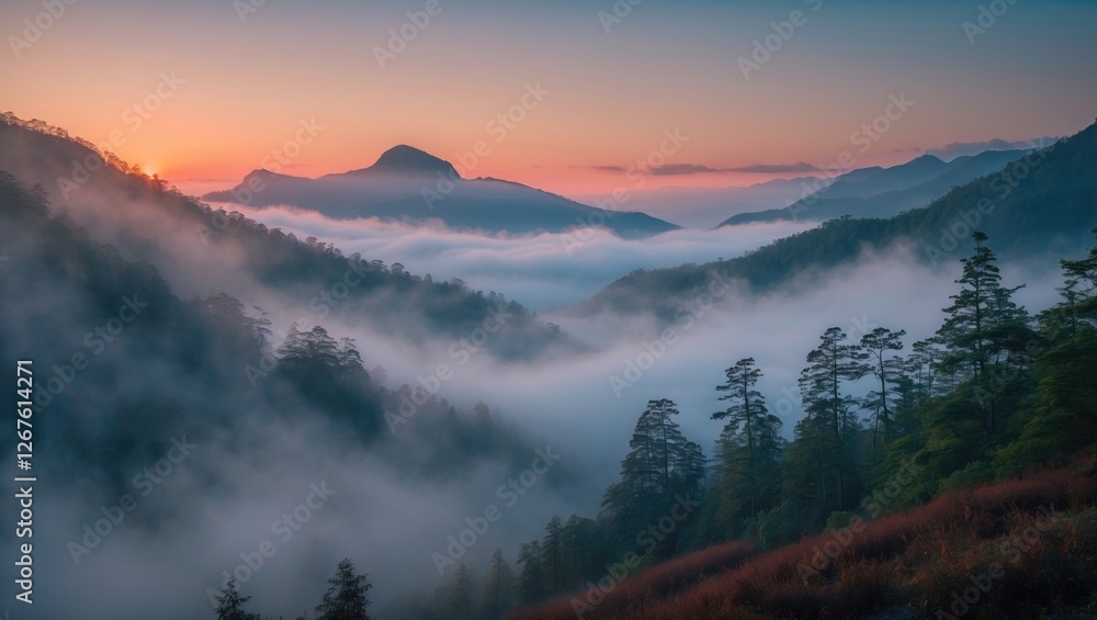 Serene Mountain Valley at Sunrise with Mist and Fog Illuminated by Soft Morning Light in National Park Serene Mountain Valley at Sunrise with Mist and Fog Illuminated by Soft Morning Light in National Park