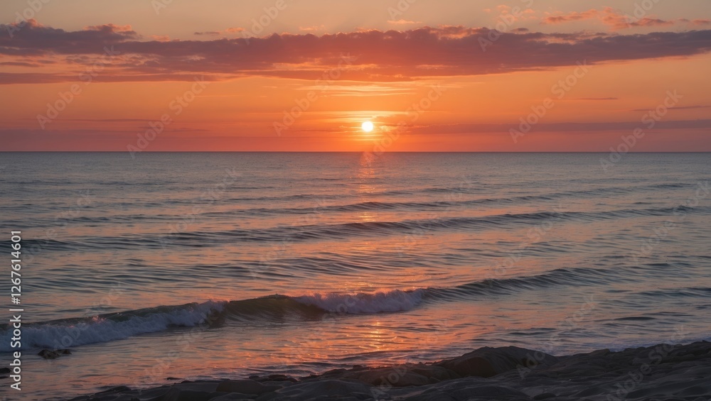 Serene Orange Sunset Over Tranquil Ocean Waves With Space For Text Illustration Serene Orange Sunset Over Tranquil Ocean Waves With Space For Text Illustration