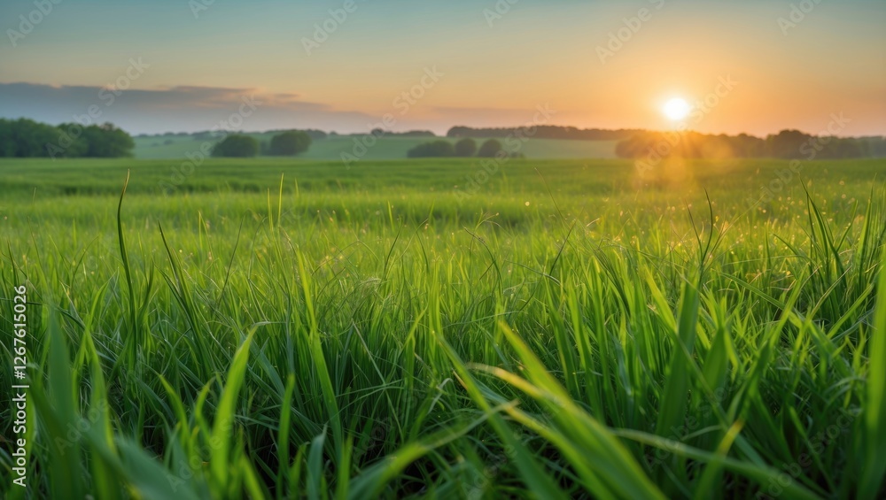 Serene Sunrise Over Lush Green Grass Field with Soft Morning Light and Nature's Tranquility Serene Sunrise Over Lush Green Grass Field with Soft Morning Light and Nature's Tranquility