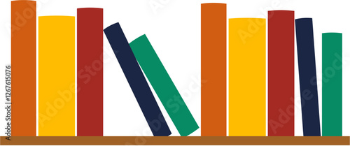 A minimalist vector illustration of colorful books arranged on a wooden shelf. Perfect for educational, library, and reading-related designs.