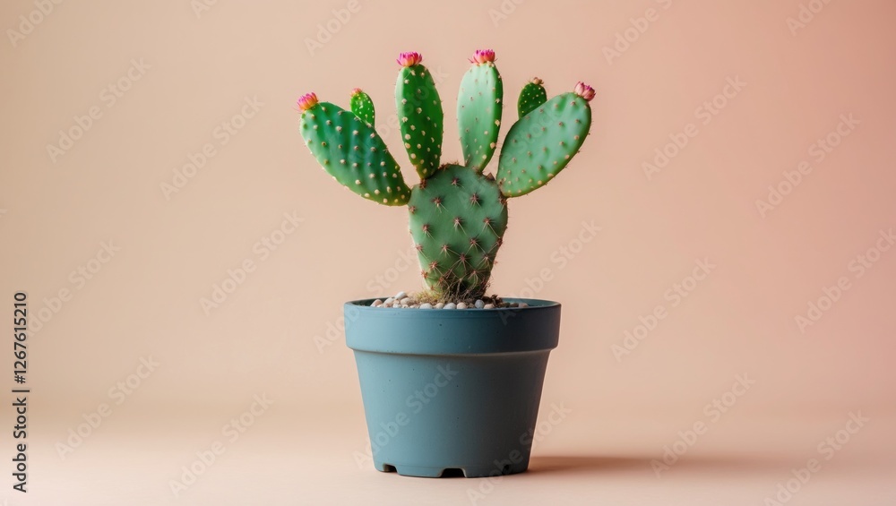 Fototapeta premium Cactus Plant with Pink Flowers in Blue Pot Set Against Soft Pastel Background with Blank Space for Text or Design Elements.