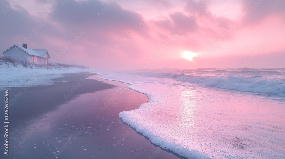 Fototapeta premium Serene pink sunrise over ocean beach with a white house.