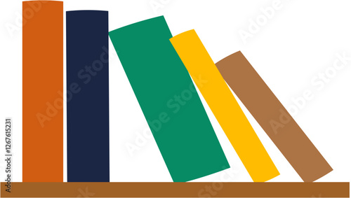 A minimalist vector illustration of colorful books arranged on a wooden shelf. Perfect for educational, library, and reading-related designs.