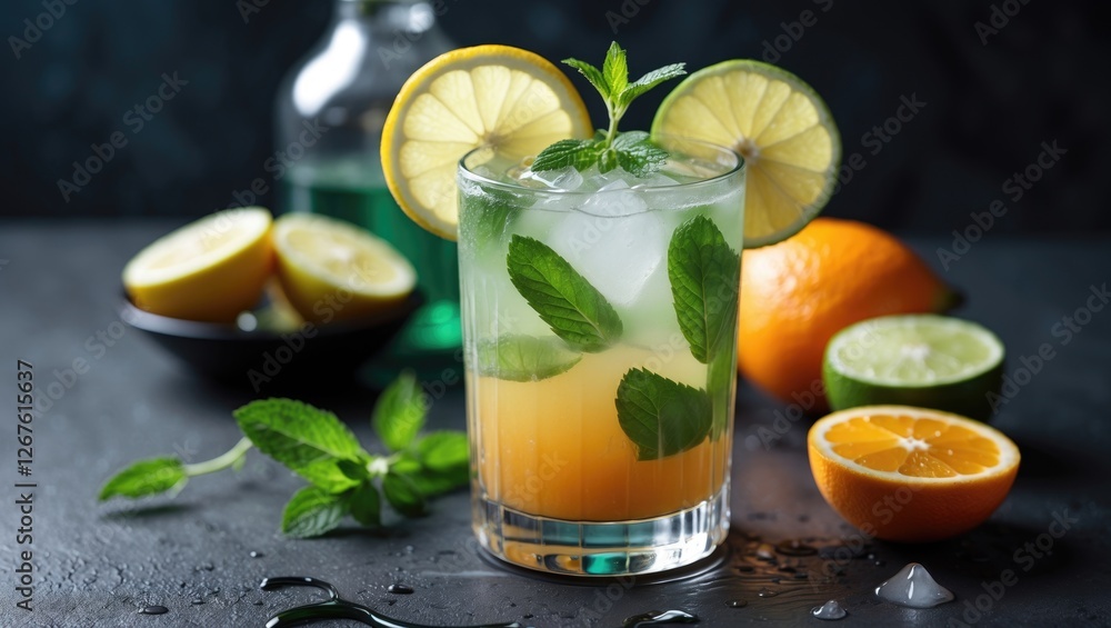 Refreshing Citrus Detox Drink with Mint, Lemon, Lime and Orange on Dark Table Promoting Healthy Lifestyle and Metabolism Boosting Benefits Refreshing Citrus Detox Drink with Mint, Lemon, Lime and Orange on Dark Table Promoting Healthy Lifestyle and Metabolism Boosting Benefits