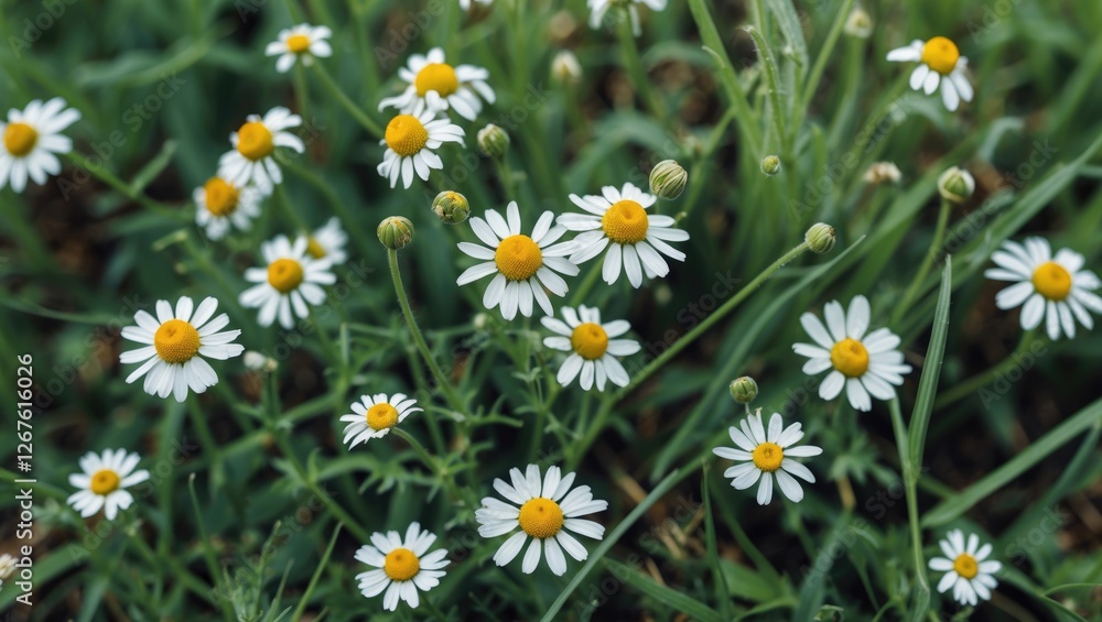 Chamomile Flowers in Lush Green Grass with Blank Space for Text Ideal for Natural Health and Wellness Themes Chamomile Flowers in Lush Green Grass with Blank Space for Text Ideal for Natural Health and Wellness Themes