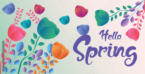 Hello spring web banner greeting card background. Spring season background with colorful flowers and modern trendy design. Spring text with bloom flowers for holiday season celebration template