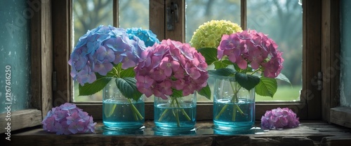 Hydrangea flowers in vintage glass on rustic windowsill with water creating a serene countryside still life in tender spring colors.