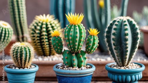 Colorful variety of small cacti in blue pots showcasing vibrant yellow blooms against a desert backdrop ideal for home decor or gardening themes photo