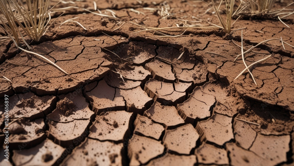 Fototapeta premium Cracked dry earth and dead grass symbolizing the effects of global warming and drought in arid landscapes highlighting environmental challenges.
