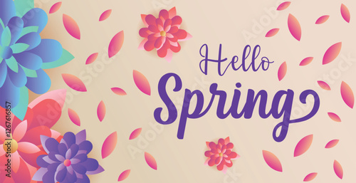 Hello spring web banner greeting card background. Spring season background with colorful flowers and modern trendy design. Spring text with bloom flowers for holiday season celebration template
