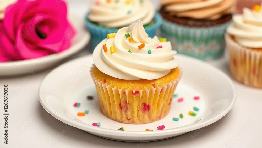 Isolated plate of mini cupcake with swirly frosting and colorful decorations, desserts, , isolated cups Isolated plate of mini cupcake with swirly frosting and colorful decorations, desserts, , isolated cups