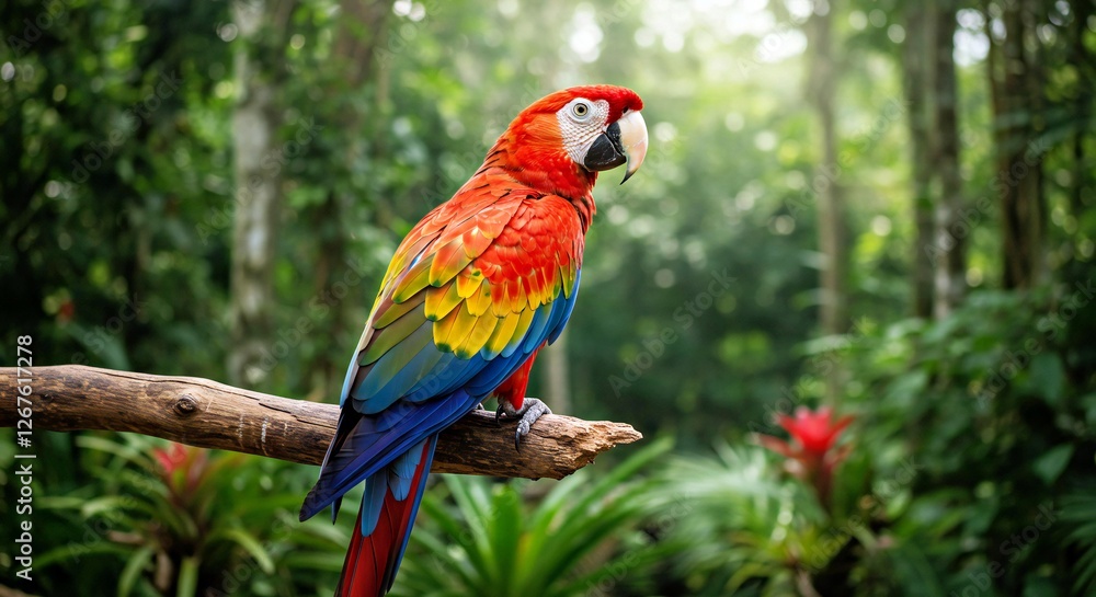 Scarlet Macaw Perched on a Branch in a Lush Amazonian Rainforest Scarlet Macaw Perched on a Branch in a Lush Amazonian Rainforest