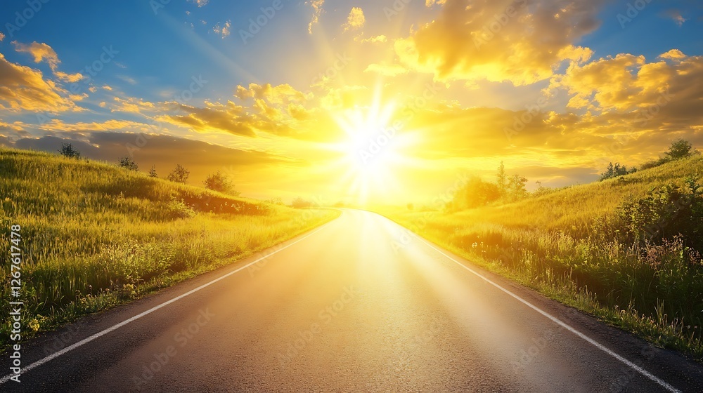Naklejka premium Sunlit Road Through Golden Fields at Sunset