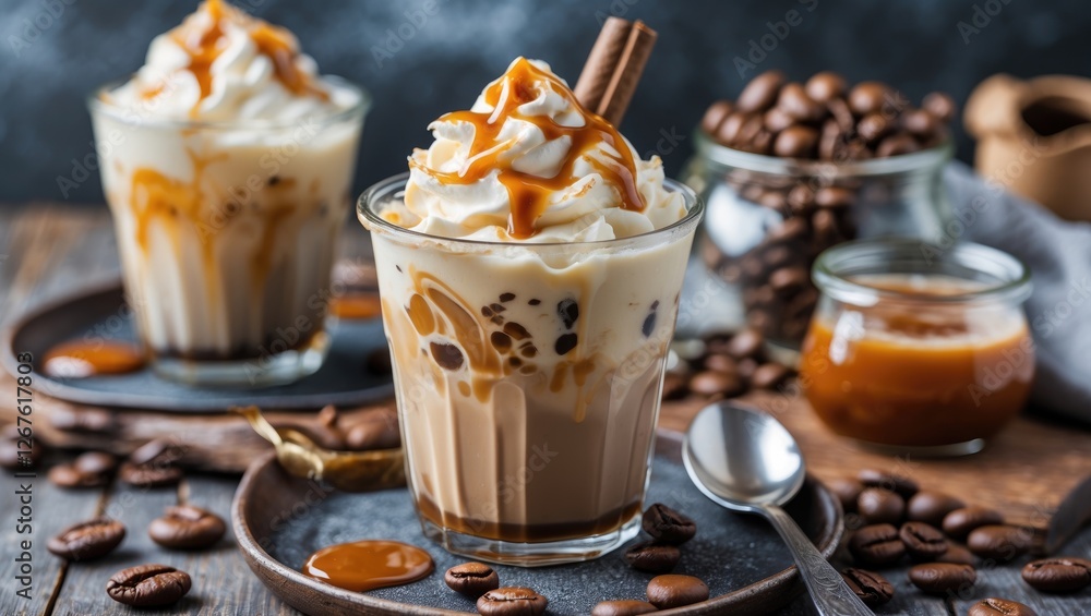 Iced coffee topped with cream and caramel drizzles served in glass with coffee beans and caramel sauce on wooden table for advertising purposes Iced coffee topped with cream and caramel drizzles served in glass with coffee beans and caramel sauce on wooden table for advertising purposes