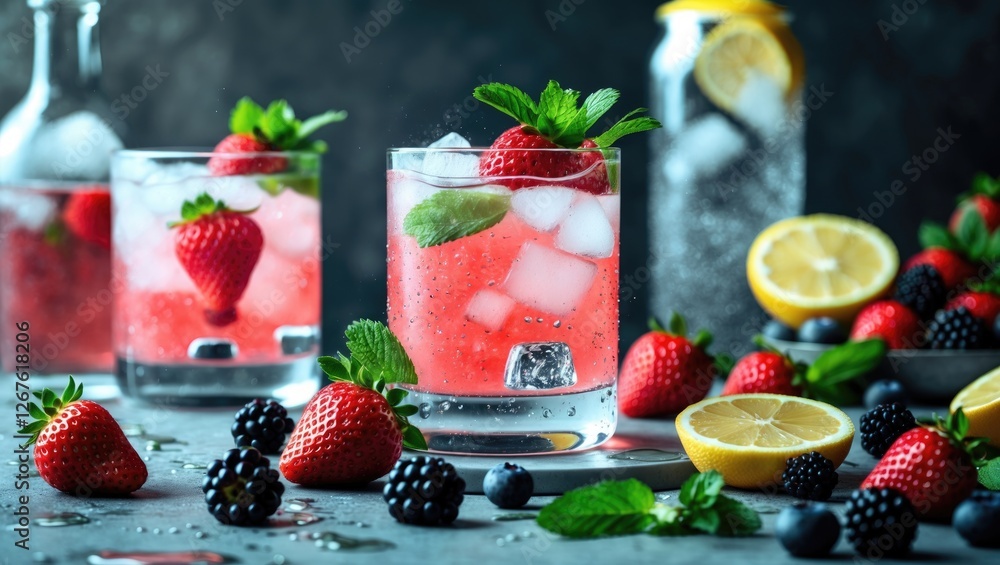 Refreshing Summer Strawberry Lemonade Cocktail with Soda Water and Fresh Berries Perfect for Hot Days and Inviting Gatherings. Refreshing Summer Strawberry Lemonade Cocktail with Soda Water and Fresh Berries Perfect for Hot Days and Inviting Gatherings.