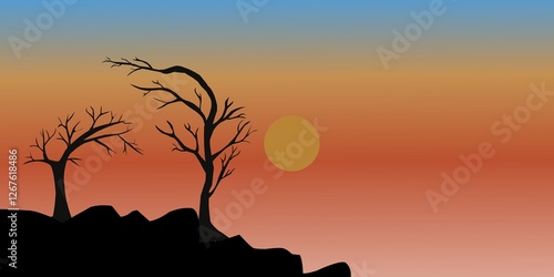 A minimalist vector illustration of a sunset landscape with two barren trees on a rocky hill. The sky transitions from deep blue to warm orange, creating a peaceful and natural atmosphere
