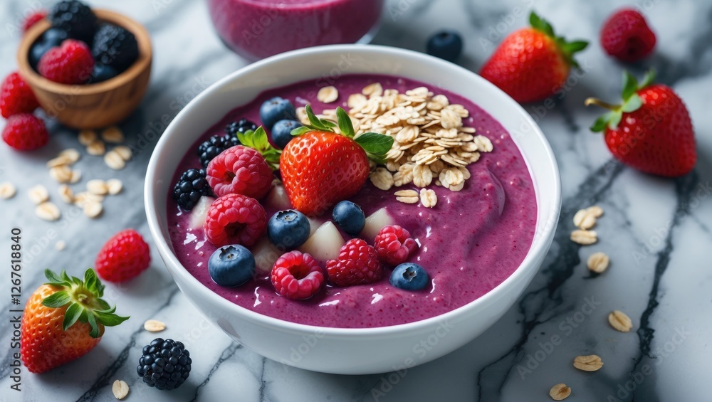 Vibrant Berry Smoothie Bowl With Oatmeal Toppings Surrounded By Fresh Fruits On A Marble Surface With Space For Text Vibrant Berry Smoothie Bowl With Oatmeal Toppings Surrounded By Fresh Fruits On A Marble Surface With Space For Text