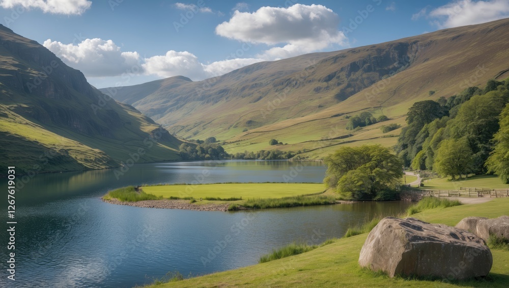 Serene Landscape of Ladybower Reservoir Surrounded by Rolling Hills and Lush Greenery in National Park Setting with Clear Blue Skies Serene Landscape of Ladybower Reservoir Surrounded by Rolling Hills and Lush Greenery in National Park Setting with Clear Blue Skies