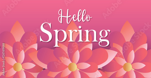 Hello spring web banner greeting card background. Spring season background with colorful flowers and modern trendy design. Spring text with bloom flowers for holiday season celebration template