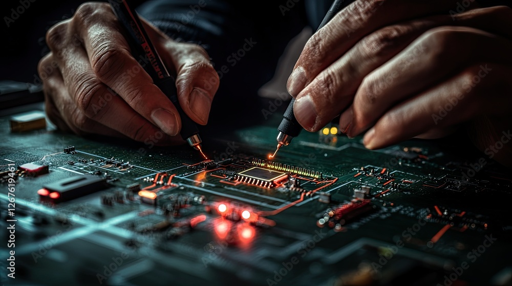 Naklejka premium Close-up of Hands Soldering a Microchip onto a Circuit Board