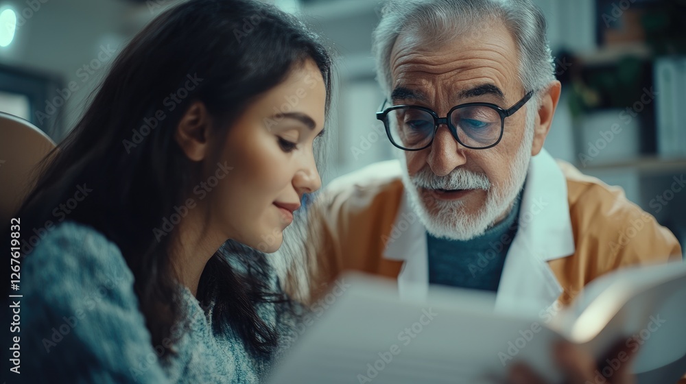 Young woman and senior man reading book together indoors Young woman and senior man reading book together indoors