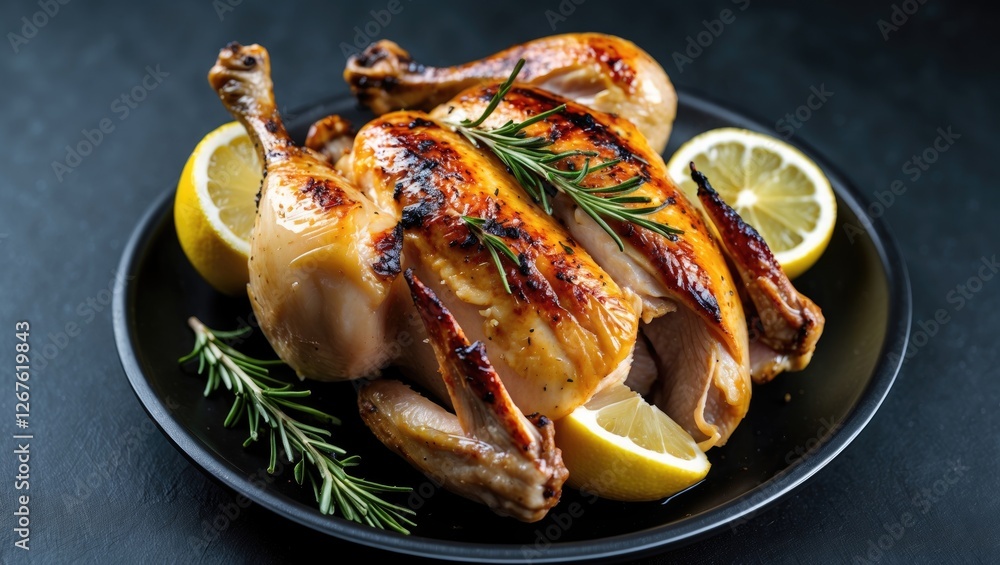 Grilled Half Chicken with Lemon and Rosemary served on a black plate surrounded by lemon slices for a delicious dinner presentation. Grilled Half Chicken with Lemon and Rosemary served on a black plate surrounded by lemon slices for a delicious dinner presentation.