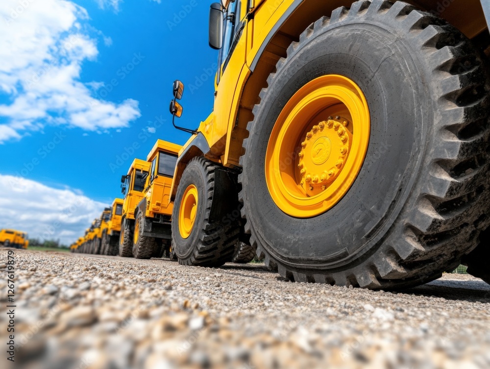 row of yellow construction trucks under blue sky row of yellow construction trucks under blue sky