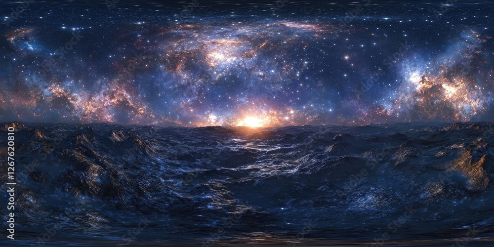 Naklejka premium Stunning 360 Degree Space Panorama Featuring a Vibrant Nebula Twinkling Stars and a Mesmerizing HDRI Equirectangular Projection for Cosmic Visualization