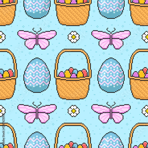 Seamless pattern Happy Easter celebration in pixel style on a blue background. Vector illustration