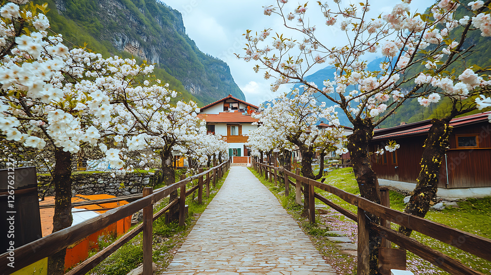 Blossom-lined pathway leading to a charming house nestled amongst verdant mountains. Blossom-lined pathway leading to a charming house nestled amongst verdant mountains.